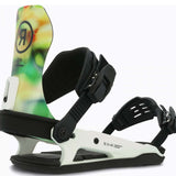 Ride C-10 Snowboard Bindings 2024 - A pair of snowboard bindings with a white base and black straps, featuring a large "R" logo on the top strap in black.