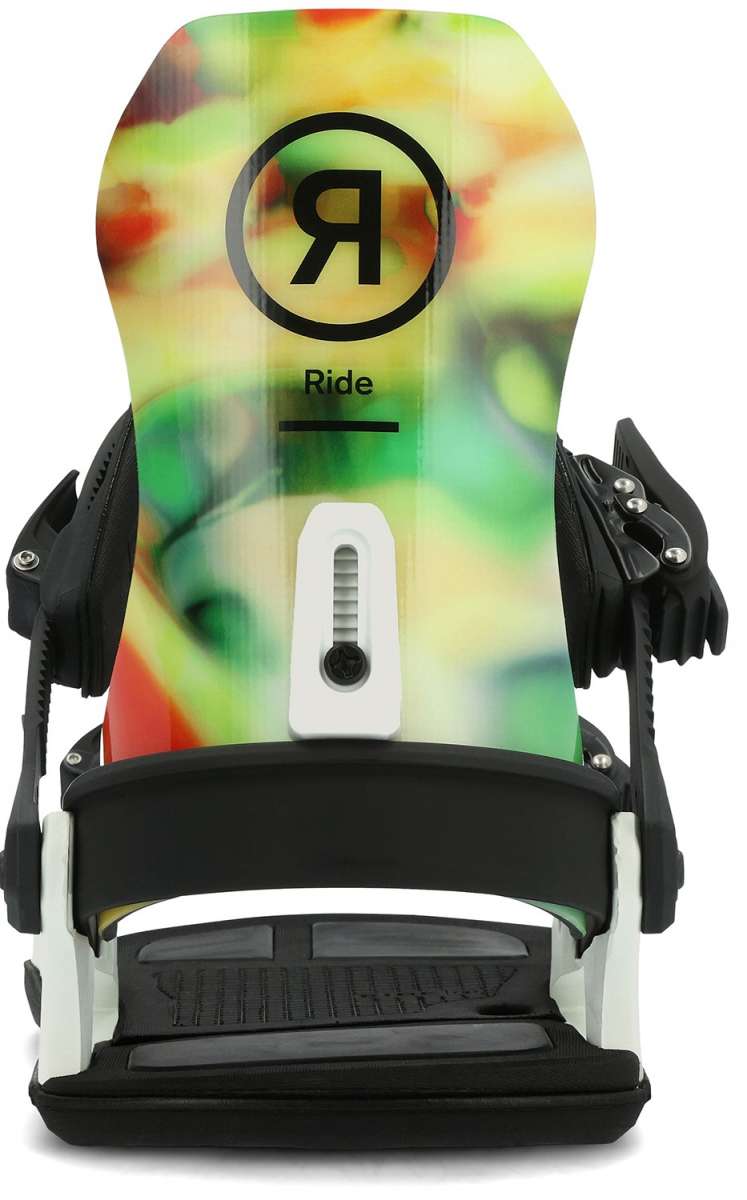 Ride C-10 Snowboard Bindings 2024 - A pair of snowboard bindings with a black base and silver buckles.