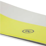 Ride Women's Compact Snowboard 2023 - A snowboard with a yellow base and gray top sheet, featuring a circular logo in the center of the top sheet.