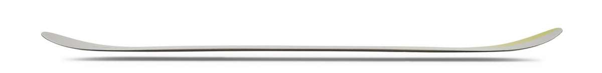 Ride Women's Compact Snowboard 2023 - A snowboard with a sleek, modern design and a subtle color scheme of light blue and white stripes on its top surface.