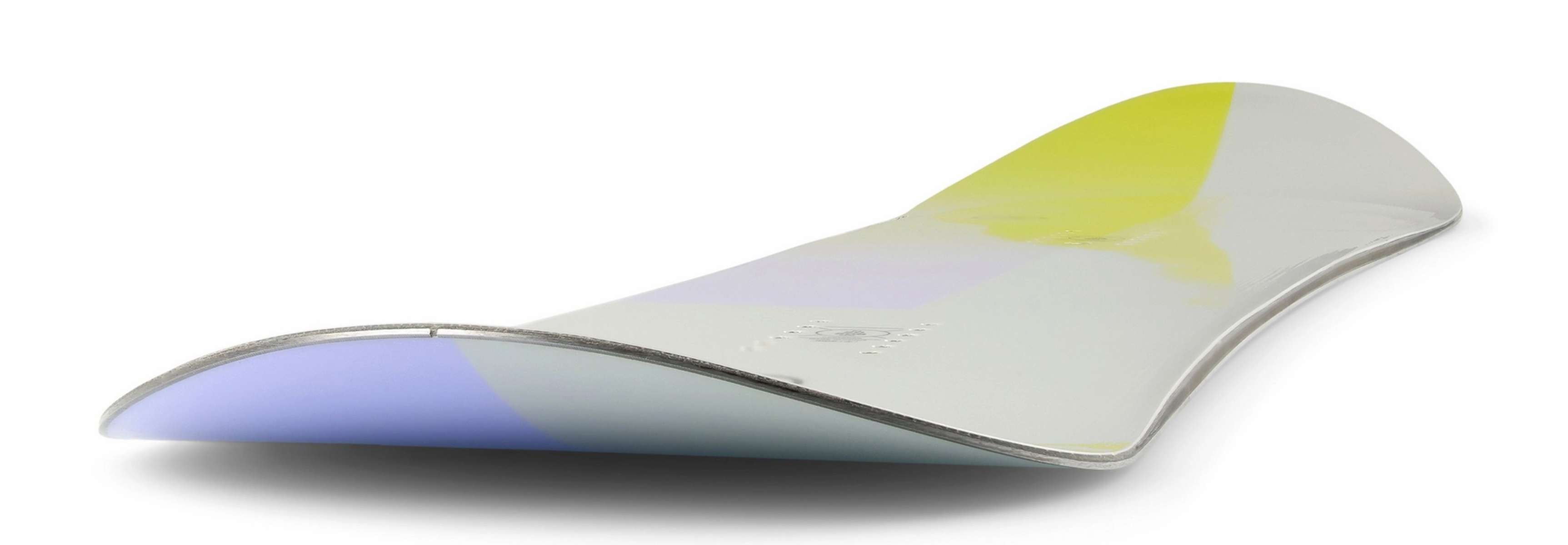 Ride Women's Compact Snowboard 2023 - A snowboard with a light purple top and yellow bottom, featuring a subtle white pattern on its surface.