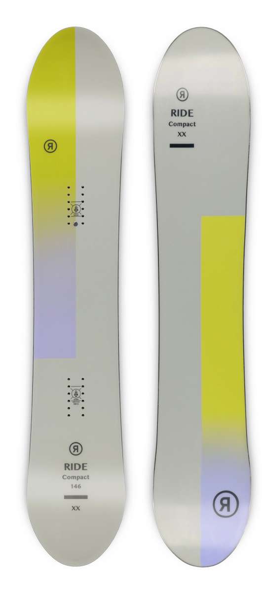 Ride Women's Compact Snowboard 2023 - A snowboard with a light gray base and yellow stripe on top.