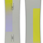Ride Women's Compact Snowboard 2023 - A snowboard with a light gray base and yellow stripe on top.