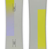 Ride Women's Compact Snowboard 2023 - A snowboard with a light gray base and yellow stripe on top.