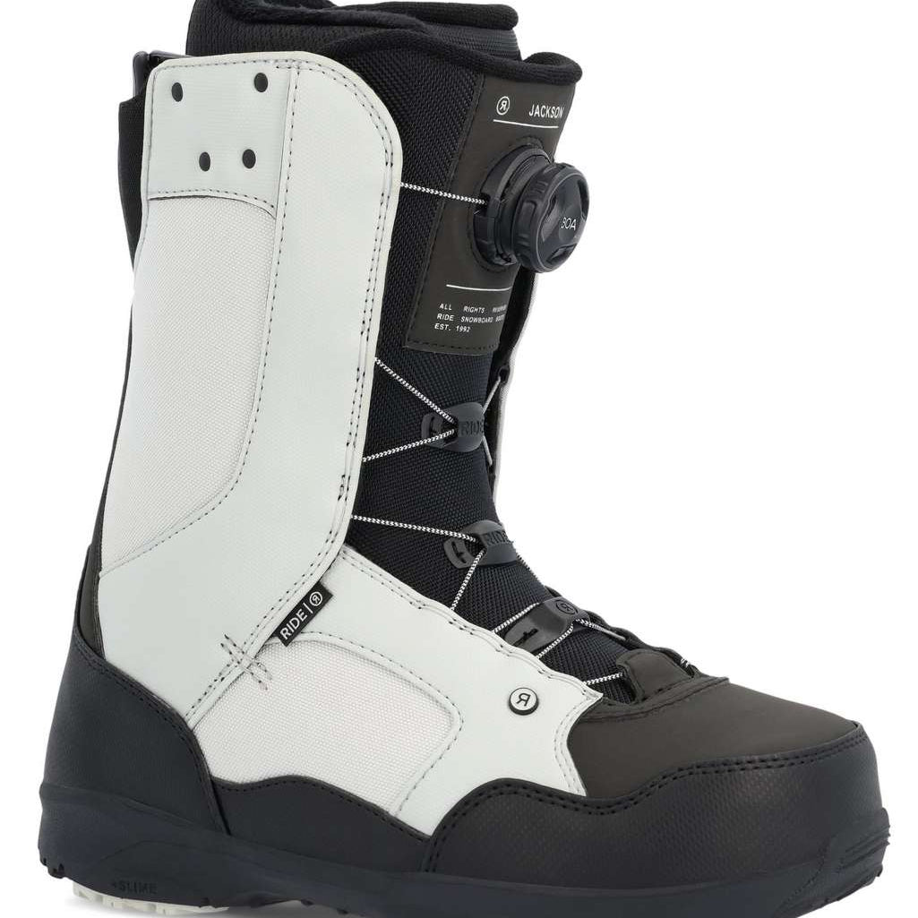Ride Jackson Snowboard Boot 2023 - Black snowboard boots with white accents and a black strap on top of the tongue.