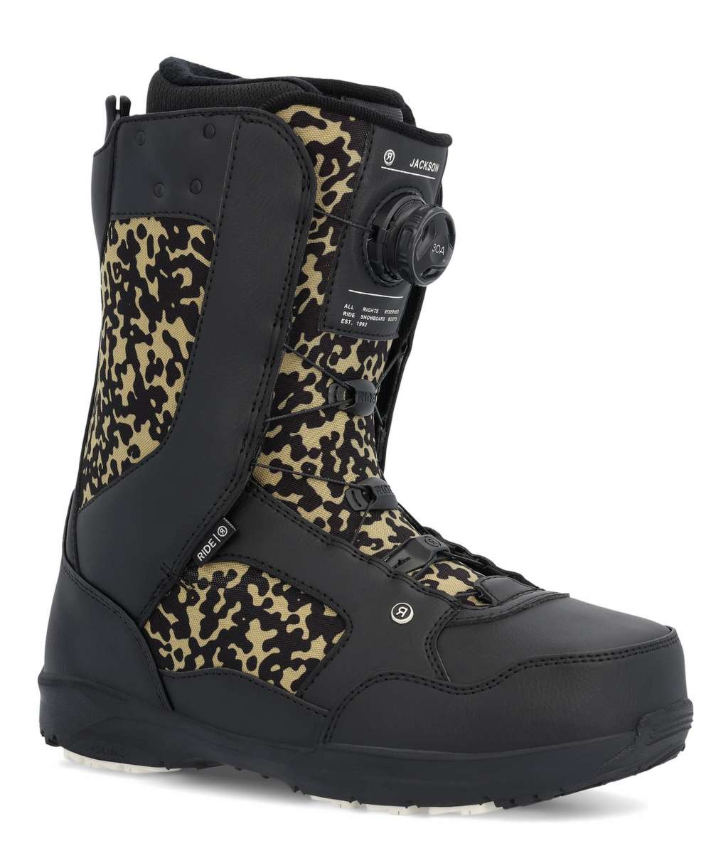Ride Jackson Snowboard Boot 2023 - Black snowboard boots with a camouflage pattern on the side and top of the boot.