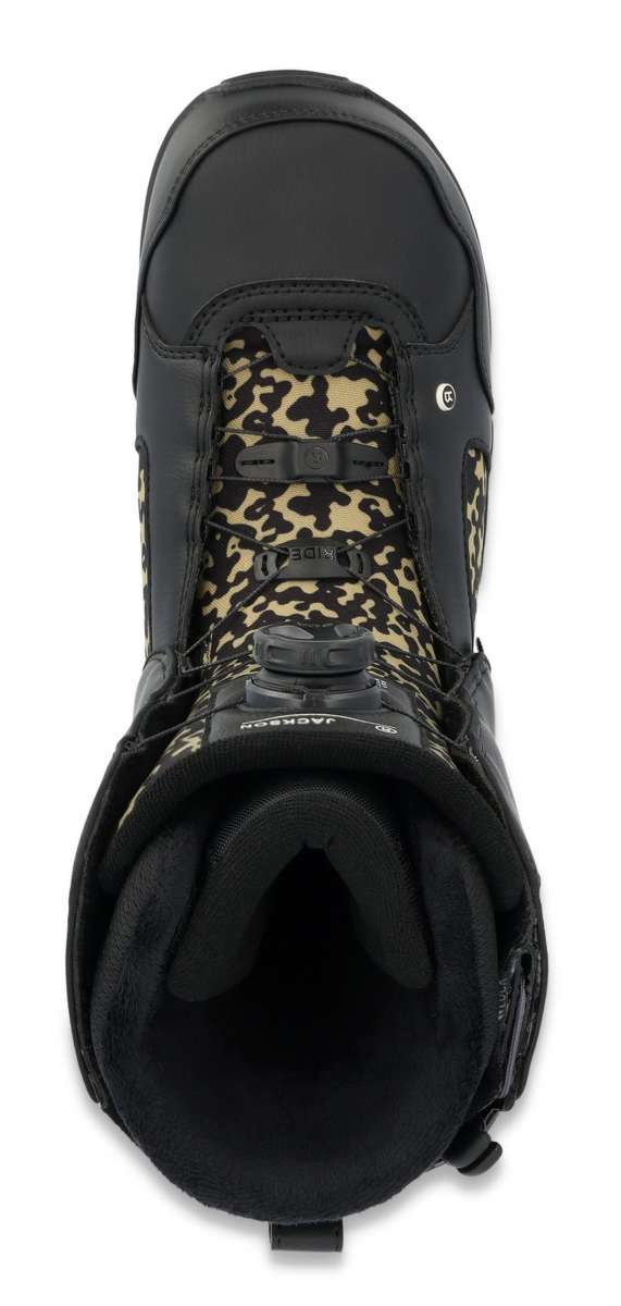 Ride Jackson Snowboard Boot 2023 - Black snowboard boots with a camouflage pattern on the tongue and heel.