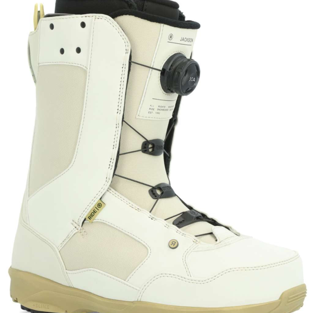 Ride Jackson Snowboard Boot 2024 - White snowboard boots with black laces and a round black BOA dial on the side.