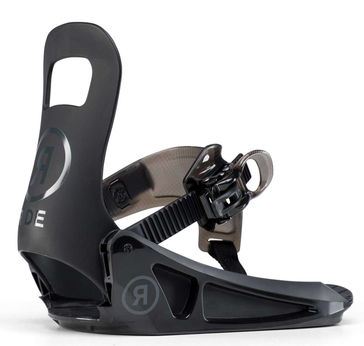 Ride Junior's Micro Snowboard Bindings 2022 - Black bindings with white lettering and logo on top strap.
