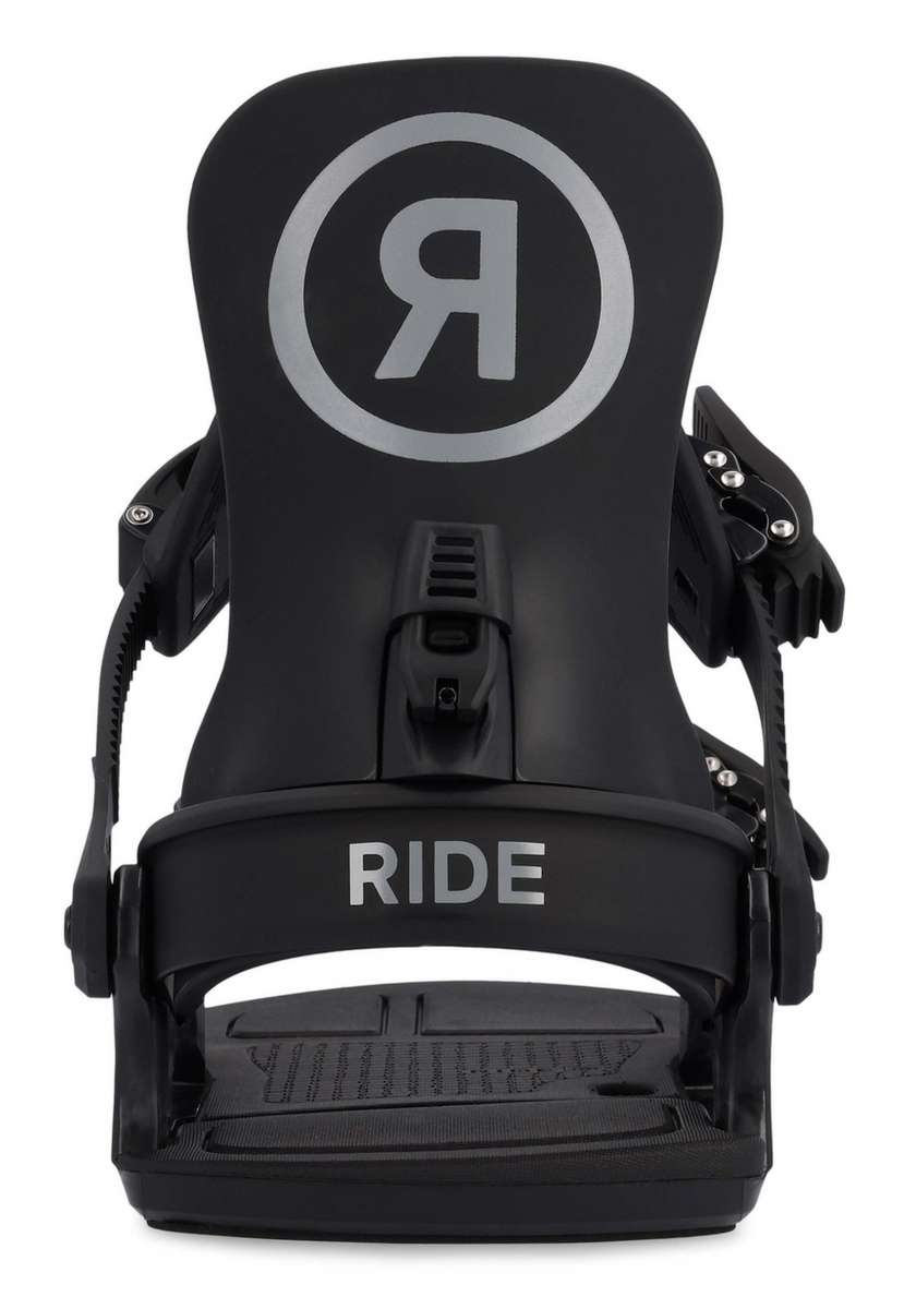 Ride Junior K-1 Snowboard Binding 2023 - A black snowboard binding with a large "R" logo in white, encircled by a thin white line.
