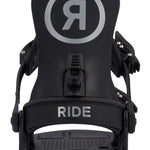 Ride Junior K-1 Snowboard Binding 2023 - A black snowboard binding with a large "R" logo in white, encircled by a thin white line.