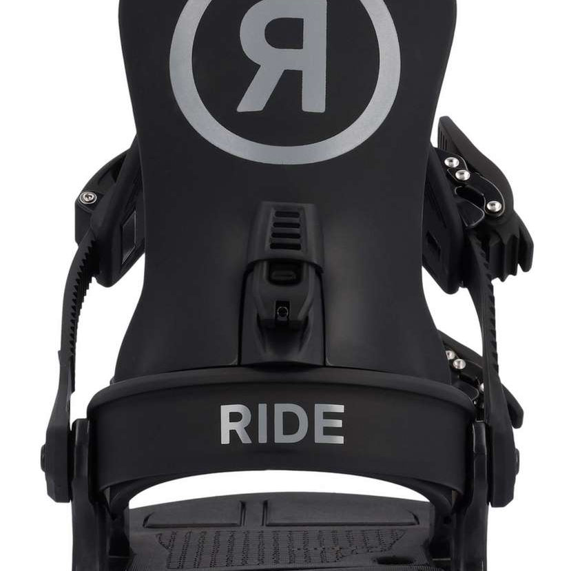 Ride Junior K-1 Snowboard Binding 2023 - A black snowboard binding with a large "R" logo in white, encircled by a thin white line.