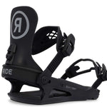 Ride Junior K-1 Snowboard Binding 2023 - A black snowboard binding with a white logo featuring a stylized "R" inside a circle on top of the left boot strap.