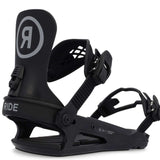 Ride Junior K-1 Snowboard Binding 2023 - A black snowboard binding with a white logo featuring a stylized "R" inside a circle on top of the left boot strap.