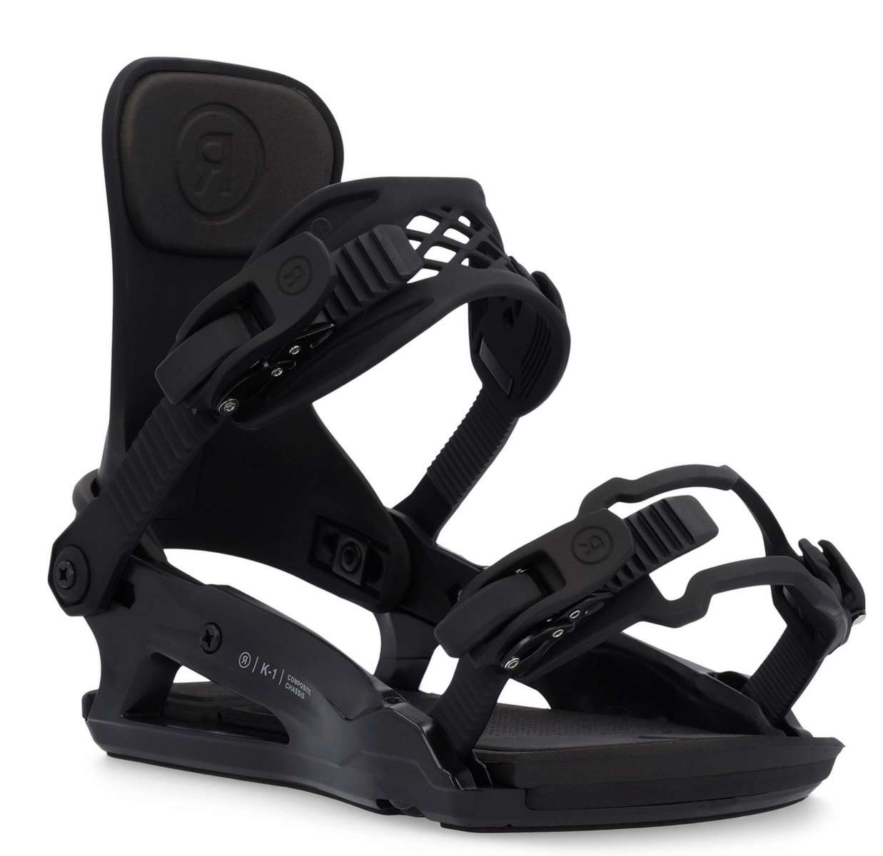 Ride Junior K-1 Snowboard Binding 2023 - Black snowboard bindings with silver screws and buckles.