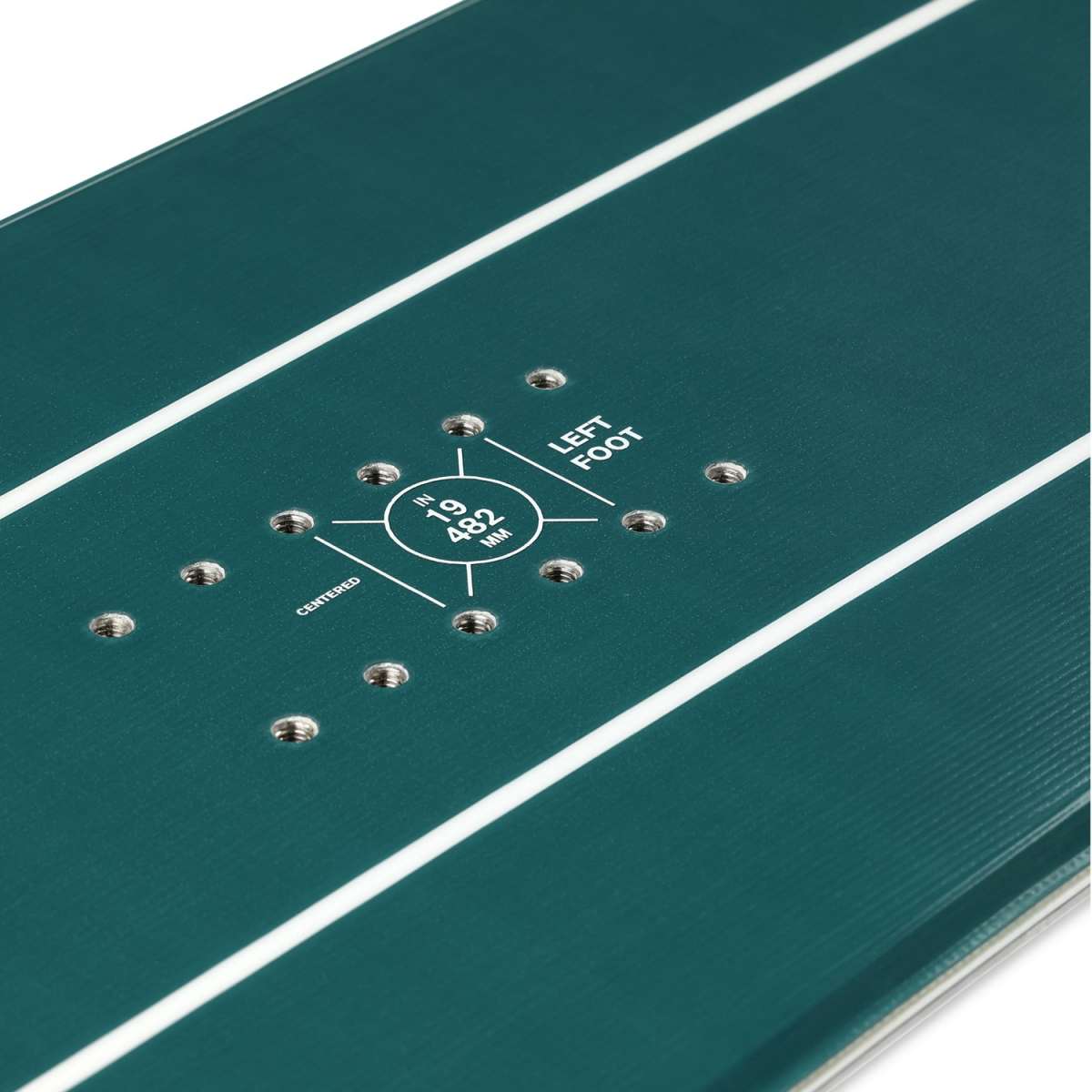 Ride Junior's Zero Snowboard 2024 - A dark green snowboard with a white stripe down the middle and silver screws in the top corners.