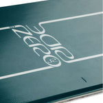 Ride Junior's Zero Snowboard 2024 - A dark green snowboard with a white logo and text on top, featuring a black strap at the tip.