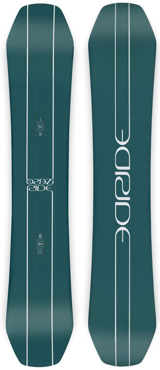 Ride Junior's Zero Snowboard 2024 - A dark green snowboard with a white logo and text on top, featuring a rounded nose and tail.
