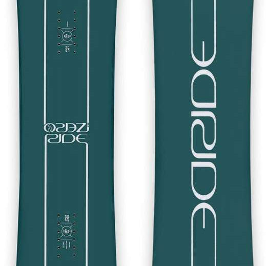 Ride Junior's Zero Snowboard 2024 - A dark green snowboard with a white logo and text on top, featuring a rounded nose and tail.
