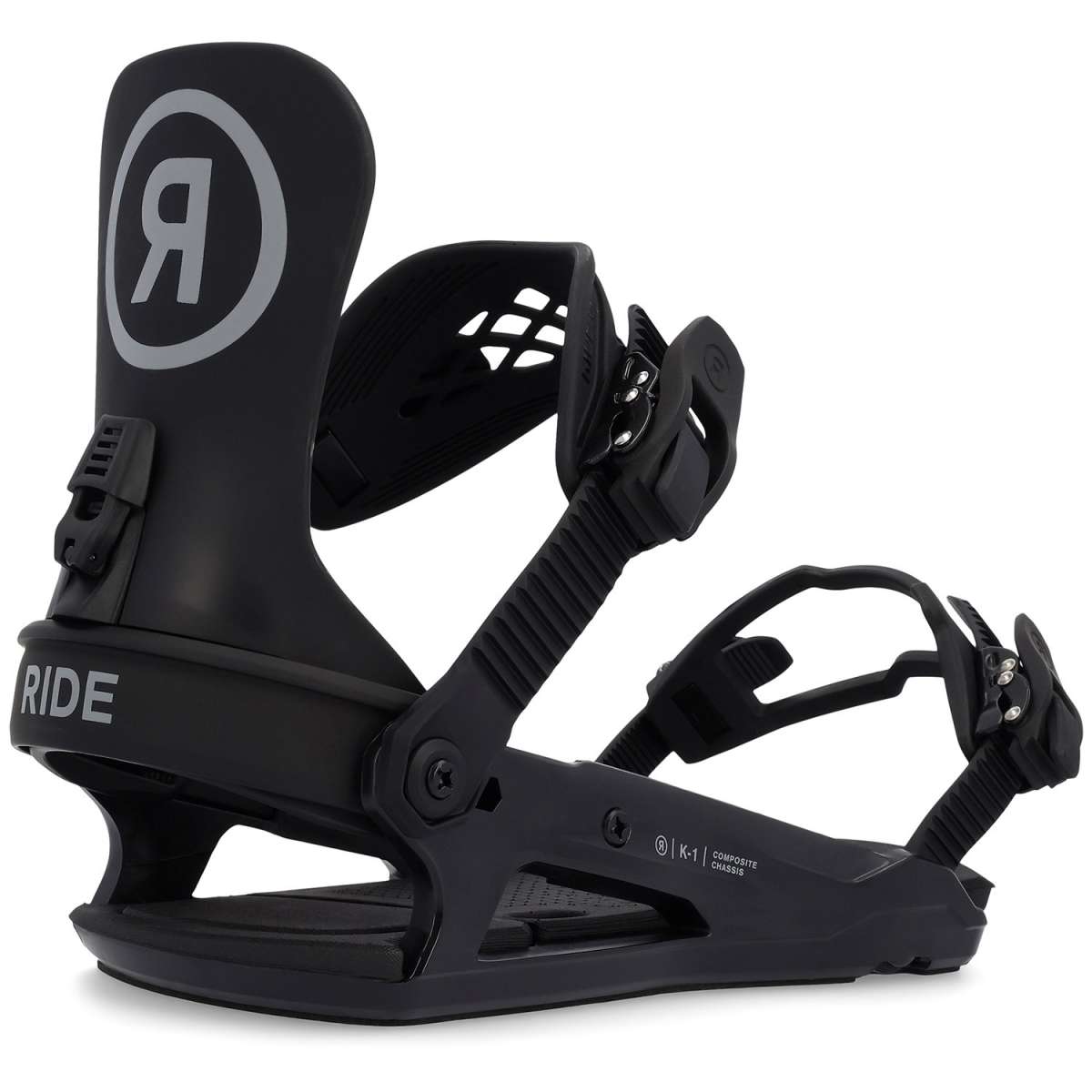 Ride Junior's K-1 Snowboard Binding 2024 - A black snowboard binding with a white logo on top of the strap and a silver buckle.