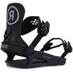 Ride Junior's K-1 Snowboard Binding 2024 - A black snowboard binding with a white logo on top of the strap and a silver buckle.