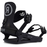 Ride Junior's K-1 Snowboard Binding 2024 - A black snowboard binding with a white logo on top of the strap and a silver buckle.