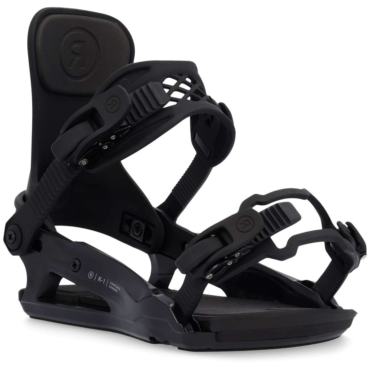 Ride Junior's K-1 Snowboard Binding 2024 - A black snowboard binding with a rectangular logo on top of the strap and a small circular logo on the bottom of the baseplate.