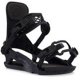 Ride Junior's K-1 Snowboard Binding 2024 - A black snowboard binding with a rectangular logo on top of the strap and a small circular logo on the bottom of the baseplate.