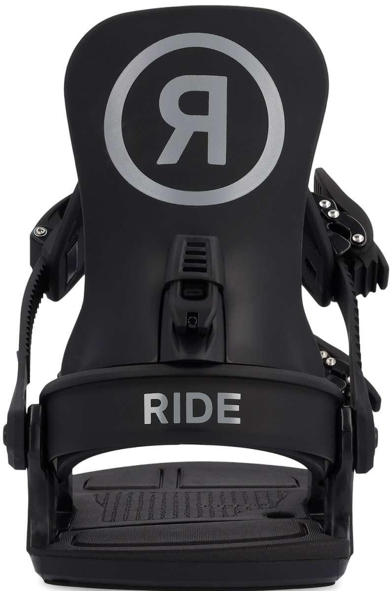 Ride Junior's K-1 Snowboard Binding 2024 - A black snowboard binding with a large "R" logo in silver on top, and a small "K-1" logo in white on the side.