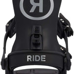 Ride Junior's K-1 Snowboard Binding 2024 - A black snowboard binding with a large "R" logo in silver on top, and a small "K-1" logo in white on the side.