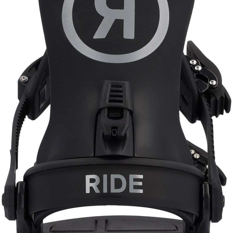 Ride Junior's K-1 Snowboard Binding 2024 - A black snowboard binding with a large "R" logo in silver on top, and a small "K-1" logo in white on the side.