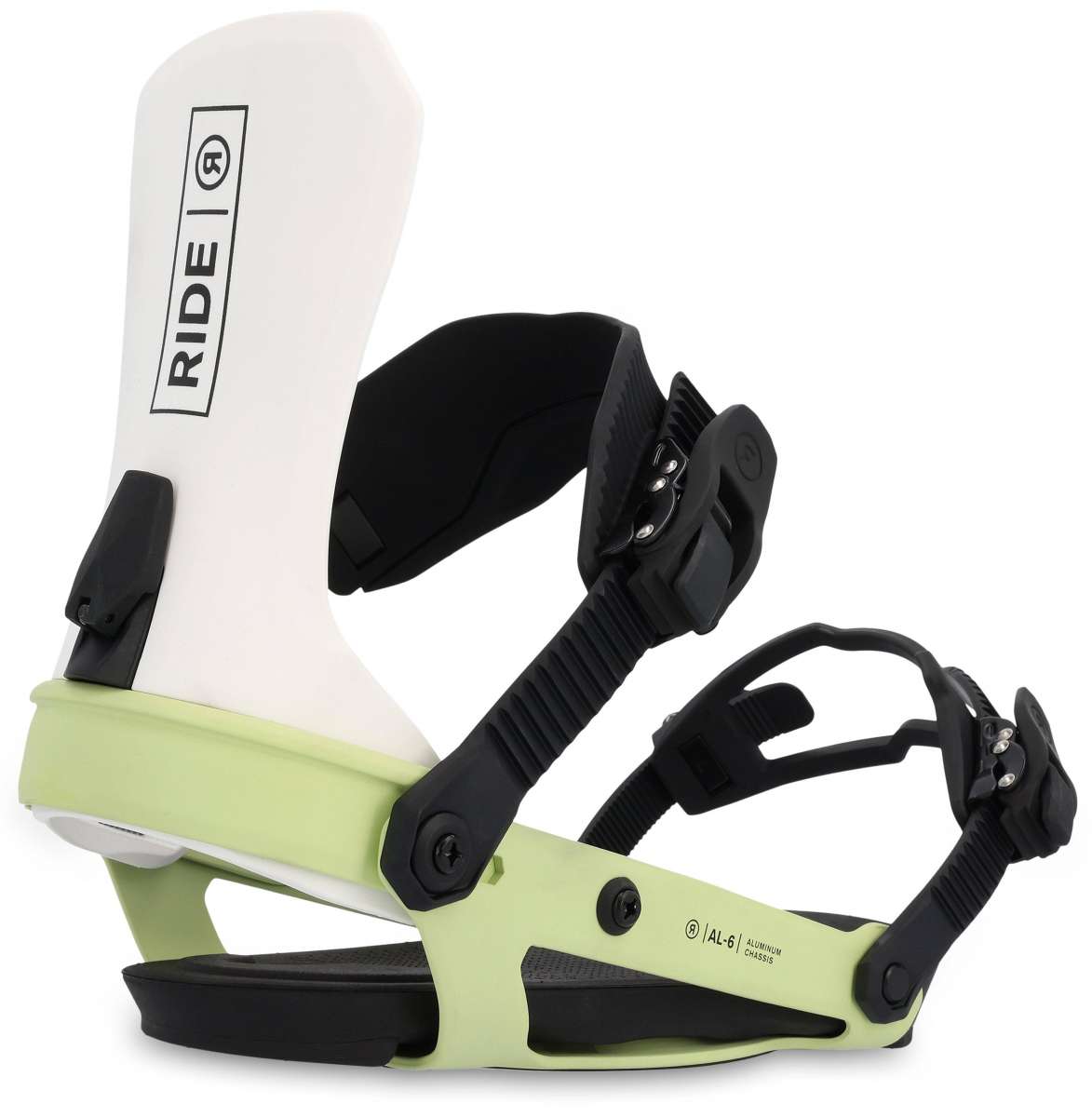 Ride Women's AL-6 Snowboard Binding 2023 - A white snowboard binding with black buckles and straps, featuring a rectangular logo on the top strap that reads "RIDE" in black letters.