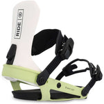 Ride Women's AL-6 Snowboard Binding 2023 - A white snowboard binding with black buckles and straps, featuring a rectangular logo on the top strap that reads "RIDE" in black letters.