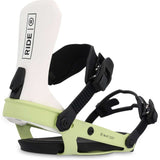 Ride Women's AL-6 Snowboard Binding 2023 - A white snowboard binding with black buckles and straps, featuring a rectangular logo on the top strap that reads "RIDE" in black letters.