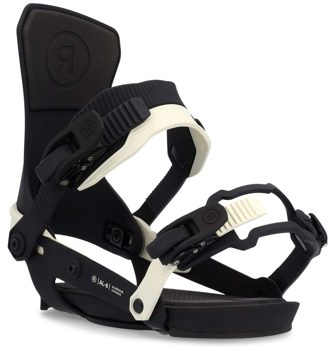 Ride Women's AL-6 Snowboard Binding 2023 - A black and white snowboard binding with a textured strap and a circular logo on the top of the backstrap.