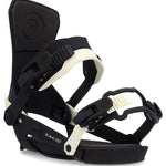 Ride Women's AL-6 Snowboard Binding 2023 - A black and white snowboard binding with a textured strap and a circular logo on the top of the backstrap.