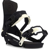 Ride Women's AL-6 Snowboard Binding 2023 - A black and white snowboard binding with a textured strap and a circular logo on the top of the backstrap.