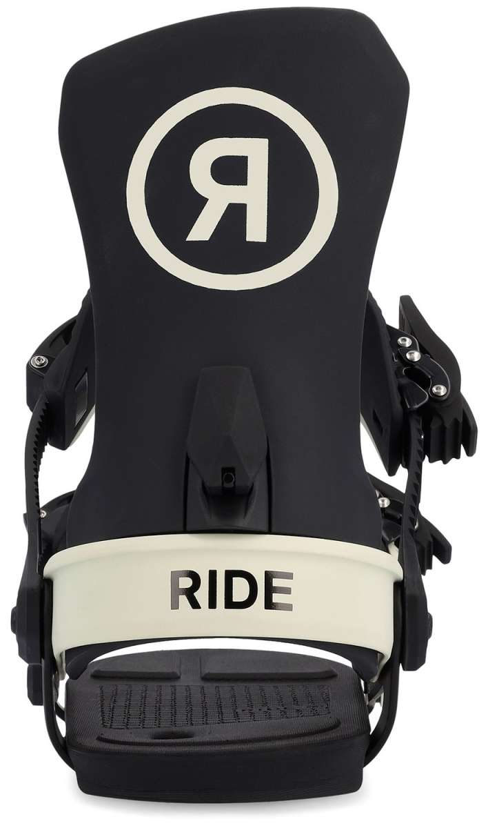 Ride Women's AL-6 Snowboard Binding 2023 - A black snowboard binding with a white logo featuring a stylized "R" inside a circle on top, and a cream-colored strap labeled "RIDE".