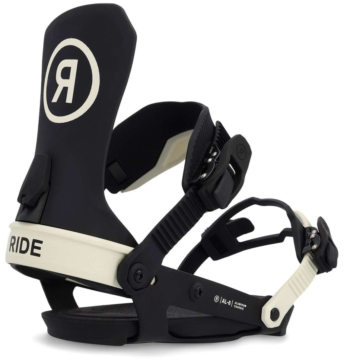 Ride Women's AL-6 Snowboard Binding 2023 - A black and white snowboard binding with a large "R" logo on top of the left boot strap.