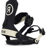 Ride Women's AL-6 Snowboard Binding 2023 - A black and white snowboard binding with a large "R" logo on top of the left boot strap.