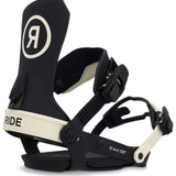 Ride Women's AL-6 Snowboard Binding 2023 - A black and white snowboard binding with a large "R" logo on top of the left boot strap.