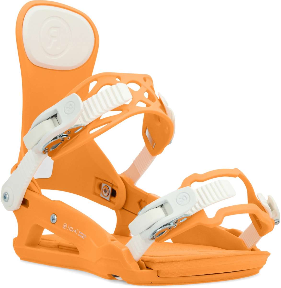 Ride Women's CL-4 Snowboard Bindings 2024 - A pair of bright orange bindings with white buckles and straps.