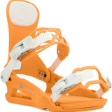 Ride Women's CL-4 Snowboard Bindings 2024 - A pair of bright orange bindings with white buckles and straps.