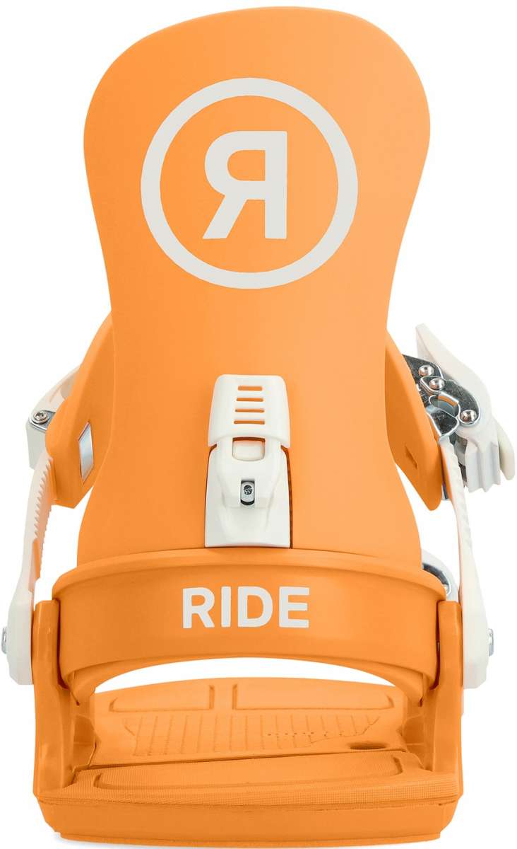 Ride Women's CL-4 Snowboard Bindings - A pair of snowboard bindings with a white logo on an orange background, featuring silver buckles and straps.