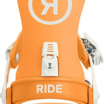 Ride Women's CL-4 Snowboard Bindings - A pair of snowboard bindings with a white logo on an orange background, featuring silver buckles and straps.