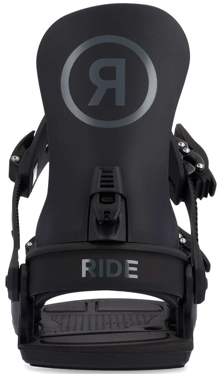 Ride Women's CL-4 Snowboard Bindings - Black bindings with silver hardware and a circular logo on top.