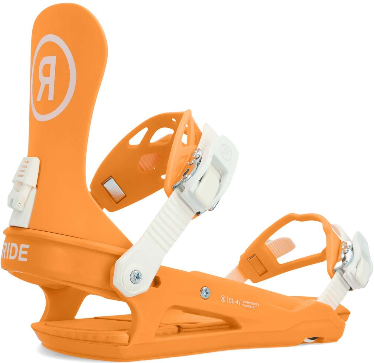 Ride Women's CL-4 Snowboard Bindings - A pair of snowboard bindings with white buckles and straps on an orange background.