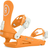 Ride Women's CL-4 Snowboard Bindings - A pair of snowboard bindings with white buckles and straps on an orange background.