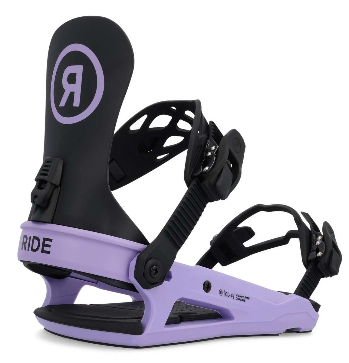 Ride Ladies CL-4 Snowboard Binding 2022-2023 - A black and purple snowboard binding with a circular logo on top of the footbed.