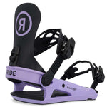 Ride Ladies CL-4 Snowboard Binding 2022-2023 - A black and purple snowboard binding with a circular logo on top of the footbed.